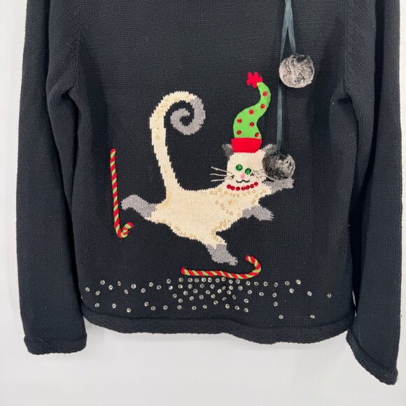 Susan Bristol Hand Embroidered Cat Sweater With Pom Poms & Sequins Long Sleeves - Picture 2 of 11